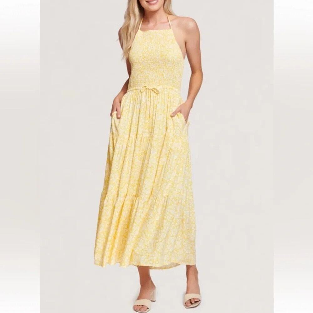 LOST + WANDER Sweet Summer Daze Tiered Halter Midi Dress Yellow BOHO NWT XS